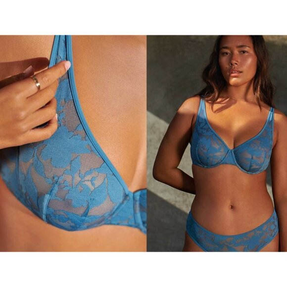 ThirdLove Unlined Foliage Perfect Coverage Bra Cornflower Blue with Nude 40F DDD - Picture 7 of 8